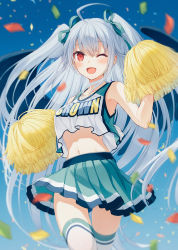Rule 34 | 1girl, ;d, ahoge, armpits, bare arms, bare shoulders, blue skirt, breasts, cheerleader, clothes writing, confetti, cowboy shot, crop top, crop top overhang, fang, hair ribbon, hand up, holding, holding pom poms, long hair, looking at viewer, medium breasts, midriff, miniskirt, navel, one eye closed, open mouth, original, pleated skirt, pom pom (cheerleading), pom poms, red eyes, ribbon, shirt, silver hair, skirt, sleeveless, sleeveless shirt, smile, solo, thighhighs, two side up, very long hair, white shirt, white thighhighs, yashiro seika, zettai ryouiki