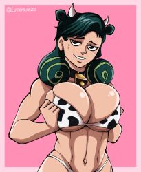 Rule 34 | 1girl, animal print, breast hold, breasts, cow girl, cow horns, cow print, cowbell, grabbing own breast, green hair, higashikata kato, highres, horns, huge breasts, jojo no kimyou na bouken, jojolion, large breasts, luckyshazo, mature female, navel, pink background, seductive smile, smile, smirk, solo, toned