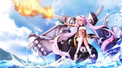Rule 34 | 1girl, ahoge, anchor, asymmetrical legwear, azur lane, bandeau, blue sky, bomb, breasts, cleavage, closed mouth, cloud, day, explosive, fat man (nuclear bomb), fingerless gloves, gloves, headgear, heterochromia, highres, indianapolis (azur lane), long hair, medium breasts, mismatched legwear, namako (namacotan), nuclear weapon, pink hair, shorts, single thighhigh, sitting, sky, solo, strapless, thighhighs, tube top, twintails, underboob, water, weapon of mass destruction, white thighhighs