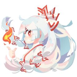 Rule 34 | 1girl, bow, commentary, cropped torso, fire, fire, from side, fujiwara no mokou, grin, hair bow, highres, long hair, long sleeves, looking at viewer, mame komari, profile, red bow, red eyes, shirt, sideways mouth, simple background, smile, solo, suspenders, touhou, twitter username, two-tone bow, very long hair, white background, white bow, white hair, white shirt