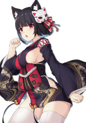 Rule 34 | 1girl, 3.14, animal ears, azur lane, bell, black hair, blush, breasts, cat ears, contrapposto, cowboy shot, fang, highres, hip vent, japanese clothes, jingle bell, kimono, large breasts, looking at viewer, mask, mask on head, obi, open mouth, panties, red eyes, sash, short hair, short kimono, sideboob, simple background, slit pupils, solo, standing, string panties, thighhighs, underwear, white background, white panties, white thighhighs, wide sleeves, yamashiro (azur lane)