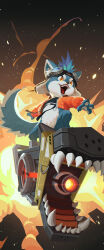 Rule 34 | &gt;:), 1boy, absurdres, animal hands, artist request, black background, blue fur, brewster (garmr) (dislyte), dislyte, explosion, fangs, furry, furry male, goggles, goggles on head, highres, jacket, looking at another, non-web source, official art, riding, tail, trapper hat, v-shaped eyebrows, weapon, wolf boy, wolf tail, yellow jacket