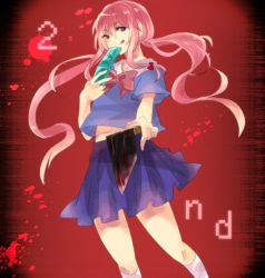 Rule 34 | 1girl, artist request, axe, blood, cellphone, gasai yuno, long hair, mirai nikki, phone, pink eyes, pink hair, solo, tongue, tongue out, twintails, weapon