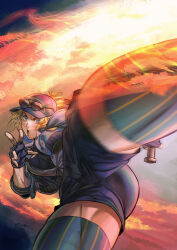 Rule 34 | 1girl, action, ass, baton (weapon), blonde hair, blue eyes, capcom, final fight, final fight 3, fingerless gloves, fire, gloves, hat, highres, kicking, lucia morgan, muscular legs, pnzrk, police, police hat, police uniform, policewoman, ponytail, shorts, street fighter, street fighter v, striped clothes, striped thighhighs, sunglasses, sunglasses on head, thick thighs, thighhighs, thighs, toned, uniform, weapon