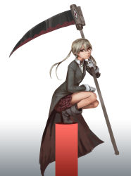 Rule 34 | 1girl, absurdres, black coat, black footwear, blonde hair, boots, closed mouth, coat, gloves, gradient background, highres, holding, holding scythe, holding weapon, josh corpuz, maka albarn, necktie, scythe, skirt, solo, soul eater, soul evans, twintails, weapon, white gloves, yellow eyes