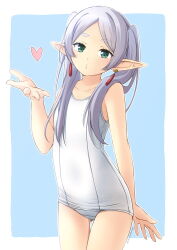 Rule 34 | 1girl, bad hands, bare arms, bare shoulders, blowing kiss, blue background, collarbone, commentary request, cowboy shot, earrings, elf, frieren, gluteal fold, green eyes, grey hair, highres, jewelry, old school swimsuit, one-piece swimsuit, outline, parted bangs, pointy ears, puckered lips, school swimsuit, shibacha, short eyebrows, solo, sousou no frieren, standing, swimsuit, thick eyebrows, thigh gap, twintails, twitter username, two-tone background, white background, white one-piece swimsuit, white outline