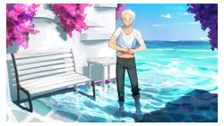 Rule 34 | 1boy, aynoh, blonde hair, blush, clothes lift, day, denim, closed eyes, flower, highres, jeans, looking at viewer, male focus, no shoes, ocean, original, outdoors, pants, shirt, shirt lift, short hair, sky, smile, soaking feet, solo, spiked hair, t-shirt, table, teeth, town, water, water drop, wet, wet clothes, wooden chair, wooden table