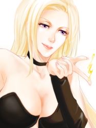 Rule 34 | 1girl, blonde hair, breasts, capcom, choker, cleavage, corset, detached sleeves, devil may cry (series), female focus, hisui (paingumi), long hair, purple eyes, solo, trish (devil may cry), white background