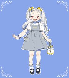 Rule 34 | 1girl, alternate costume, black footwear, blue background, blue dress, boku no hero academia, bow, child, dress, eri (boku no hero academia), full body, grey hair, hair bow, highres, horns, long hair, looking at viewer, open mouth, oru 2ji, red eyes, shirt, single horn, solo, standing, twintails, white shirt, yellow bow