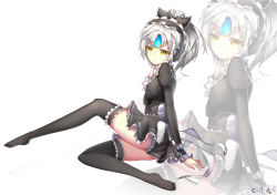 Rule 34 | 1girl, asa ni haru, black bow, black dress, black thighhighs, bow, dress, elsword, eve (elsword), frilled bow, frills, full body, hair bow, high ponytail, highres, long hair, maid headdress, parted lips, short dress, silver hair, simple background, solo, thighhighs, white background, wrist cuffs, yellow eyes, zoom layer