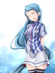 Rule 34 | 10s, 1girl, arms behind back, blue hair, commentary request, employee uniform, closed eyes, kantai collection, lawson, long hair, open mouth, samidare (kancolle), skirt, solo, sora (sky s04), thighhighs, uniform