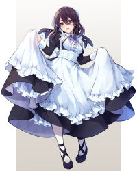Rule 34 | 1girl, :d, absurdres, ao no neko, apron, black dress, black footwear, blue eyes, breasts, brown hair, center frills, commentary request, dress, fangs, frilled apron, frills, full body, hair between eyes, highres, juliet sleeves, long hair, long sleeves, looking at viewer, maid, medium breasts, open mouth, original, pantyhose, puffy sleeves, shirt, shoes, skirt hold, smile, solo, standing, waist apron, white apron, white pantyhose, white shirt