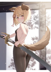 Rule 34 | 1girl, animal ears, ass, backless outfit, blonde hair, blush, bodystocking, braid, breasts, brown eyes, dog ears, dog tail, erune, from side, granblue fantasy, hair ribbon, highres, holding, holding sheath, holding sword, holding weapon, kimblee, looking at viewer, looking to the side, ribbon, sheath, short hair, small breasts, solo, standing, sword, tail, unsheathing, vajra (granblue fantasy), weapon
