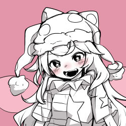 Rule 34 | 1girl, american flag dress, american flag shirt, blush, clownpiece, female focus, hat, jester cap, kameyan, limited palette, long hair, monochrome, neck ruff, open mouth, pink background, simple background, solo, spot color, star-shaped pupils, star (symbol), symbol-shaped pupils, touhou, upper body