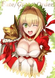 Rule 34 | 1girl, ;d, ahoge, akatsuki ikki, armored boots, blonde hair, boots, breasts, cleavage, copyright name, dress, epaulettes, fate/grand order, fate (series), foreshortening, from above, gauntlets, green eyes, hair intakes, hair ribbon, hands on own hips, head wreath, highres, large breasts, laurel crown, leotard, long sleeves, looking at viewer, nero claudius (fate), nero claudius (fate) (all), nero claudius (fate/extra), one eye closed, open mouth, puffy long sleeves, puffy sleeves, red dress, red ribbon, ribbon, see-through, smile, solo, standing, white leotard