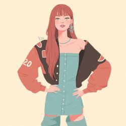 Rule 34 | 1girl, animated, animated gif, blackpink, blue dress, blue thighhighs, blunt bangs, commentary, cowboy shot, dress, earrings, english commentary, facing viewer, hair behind ear, hands on own hips, jacket, jewelry, lisa (blackpink), long hair, looking at viewer, necklace, pixiefies, simple background, thighhighs