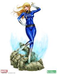 Rule 34 | 1girl, :d, adjusting hair, arm up, belt, blonde hair, blue eyes, blush, bodysuit, boots, claws, copyright name, crack, fantastic four, fingernails, floating hair, full body, giganto (fantastic four), gloves, glowing, hair between eyes, twirling hair, hand on own hip, high heels, highres, holding, invisible, invisible woman, knee boots, leg lift, light particles, lipstick, long fingernails, long hair, looking at viewer, makeup, marvel, monster, naughty face, open mouth, rock, shiny clothes, shirt, shoes, simple background, size difference, smile, solo, standing, standing on one leg, sue storm, superhero costume, susan storm, taut clothes, taut shirt, transparent, turtleneck, watermark, white background, wide hips, yamashita shun&#039;ya