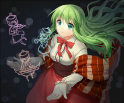 Rule 34 | 1girl, bad id, bad pixiv id, closed eyes, female focus, ghost, green eyes, green hair, hat, instrument, jenevan, keyboard (instrument), layla prismriver, long hair, lunasa prismriver, lyrica prismriver, merlin prismriver, open mouth, solo, touhou, trumpet, violin