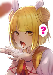 Rule 34 | 1boy, 1girl, ?, after fellatio, amisu, blonde hair, blunt bangs, cum, cum in mouth, cum on tongue, cupping hands, double bun, hair bun, hair ribbon, hetero, joutouguu mayumi, looking at viewer, own hands together, penis, puffy short sleeves, puffy sleeves, ribbon, shirt, short hair, short sleeves, simple background, solo focus, spoken question mark, touhou, upper body, white background, white ribbon, white shirt, yellow eyes