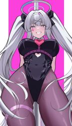 Rule 34 | 1girl, :d, arms behind back, black leotard, black pantyhose, blush, breasts, clothing cutout, contrapposto, cosplay, covered navel, foreshortening, from below, grey hair, grin, hair intakes, hair ornament, hairband, halo, hatsune miku, highleg, highleg leotard, large breasts, legs apart, leotard, long hair, looking at viewer, noa (blue archive), open mouth, pantyhose, pole, purple eyes, rabbit hole (vocaloid), reia 76, sidelocks, skindentation, smile, solo, stomach cutout, stripper pole, teardrop facial mark, teeth, thick thighs, thigh strap, thighs, twintails, very long hair, vocaloid, white hairband, wide hips, x hair ornament