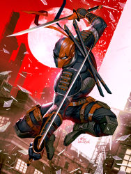 Rule 34 | 1boy, armor, artist name, belt, black footwear, bodysuit, broken glass, building, city, commentary, dc comics, deathstroke, drawing, dual wielding, english commentary, full body, full moon, glass, highres, holding, holding sword, holding weapon, in-hyuk lee, jumping, katana, knees up, male focus, mask, moon, outdoors, red sky, signature, sky, solo, sword, weapon, western comics (style)
