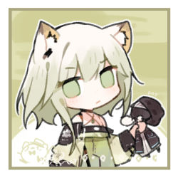 Rule 34 | 1girl, animal ears, arknights, bare shoulders, border, cat ears, cat girl, character doll, chibi, criss-cross halter, doctor (arknights), doll, dress, green background, green dress, hair between eyes, halterneck, holding, holding doll, kal&#039;tsit (arknights), long sleeves, looking at viewer, off-shoulder dress, off shoulder, renren, short hair, simple background, solo, upper body, white border