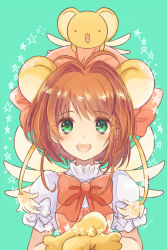 Rule 34 | 1990s (style), 1girl, antenna hair, blush, brown hair, cardcaptor sakura, clow card, green eyes, hat, kero (cardcaptor sakura), kinomoto sakura, looking at viewer, magical girl, mikanmochi, open mouth, pink hat, retro artstyle, short hair, smile, solo, wings