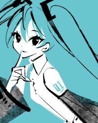 Rule 34 | 1girl, aqua background, aqua hair, aqua nails, aqua necktie, aqua theme, black sleeves, blending, closed mouth, collared shirt, commentary, detached sleeves, finger to mouth, from side, hair ornament, hand up, hatsune miku, highres, limited palette, long hair, long sleeves, looking at viewer, looking to the side, marina (mrn9), miku day, nail polish, necktie, see-through, see-through sleeves, shirt, sleeveless, sleeveless shirt, smile, solo, twintails, upper body, vocaloid, white shirt, wide sleeves