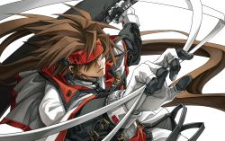 Rule 34 | 1boy, belt, brown eyes, brown hair, dong hole, english text, gloves, guilty gear, guilty gear xx, hair over one eye, headband, highres, huge weapon, long hair, male focus, multiple belts, order-sol, outstretched hand, ponytail, red headwear, sol badguy, solo, very long hair, weapon, white gloves