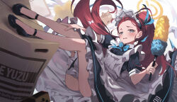 Rule 34 | 1girl, absurdres, apron, black footwear, blue archive, cat, character name, dress, duster, feather duster, grey eyes, halo, highres, holding, legs, long hair, looking at viewer, maid, maid apron, maid headdress, official alternate costume, red hair, shoes, short sleeves, solo, timo wei95, yuzu (blue archive), yuzu (maid) (blue archive)