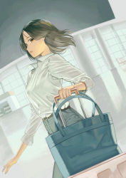 Rule 34 | 1girl, absurdres, bag, belt, brown belt, brown eyes, brown hair, commentary request, dutch angle, grey pants, highres, holding, holding luggage, long sleeves, looking to the side, luggage, medium hair, original, pants, rolling suitcase, sakuraop, shirt, solo, suitcase, white shirt