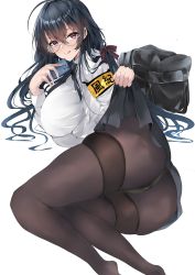 Rule 34 | 1girl, ahoge, armband, azur lane, bag, bespectacled, black hair, black skirt, breasts, cellphone, closed mouth, clothes lift, glasses, highres, huge breasts, long hair, looking at viewer, mutou mame, pantyhose, phone, red eyes, round eyewear, school bag, skirt, skirt lift, smartphone, smile, solo, taihou (azur lane), taihou (sweet time after school) (azur lane), tongue, tongue out, yellow armband