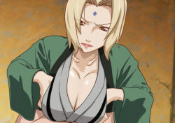 Rule 34 | 1girl, blonde hair, breasts squeezed together, breasts, brown eyes, cleavage, closed mouth, clothed female nude male, facial mark, forehead mark, from above, grabbing own breast, kyabakurabakufu, large breasts, long hair, looking at viewer, naruto, naruto (series), nude, paizuri, pov, grabbing own breast, simple background, tsunade (naruto), upper body, v-shaped eyebrows