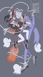 Rule 34 | 1boy, 1girl, animal, animal on head, bandages, black footwear, black headwear, black legwear, blue jacket, blue pants, bow, bowtie, broom, cat, cat on head, earrings, ghost, glasses, grey background, grey cat, grey footwear, halloween, hat, height difference, highres, invisible, jacket, jewelry, kk724, on head, original, pants, pink hair, shoes, short hair, signature, simple background, socks, tailcoat, witch hat