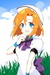 Rule 34 | 1girl, :d, back bow, beret, blue eyes, blue wrist cuffs, blush, bob cut, bow, commentary, day, dress, eyelashes, grass, hair between eyes, hand up, hat, highres, higurashi no naku koro ni, looking at viewer, open mouth, orange hair, outdoors, puffy short sleeves, puffy sleeves, purple bow, ryuuguu rena, short hair, short sleeves, simple background, smile, solo, suzuragi karin, upper body, white background, white dress, white hat, wrist cuffs
