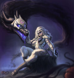 Rule 34 | 1girl, body fur, body markings, breasts, fur collar, furry, furry female, grey fur, grey hair, holding, holding mask, horned mask, horns, kindred (league of legends), knee up, lamb (league of legends), large breasts, league of legends, long hair, looking at another, mask, unworn mask, navel, sharp teeth, sitting, smelb, teeth, wolf (league of legends)