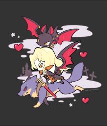 Rule 34 | 1boy, alucard (castlevania), animal, ascot, bat (animal), black background, black cape, black pants, black sclera, blonde hair, cape, castle, castlevania (series), chibi, cloud, colored sclera, cross, from side, heart, kotorai, male focus, pants, red eyes, riding, sheath, sheathed, signature, star (symbol), sword, weapon, white ascot, wing cape, wolf, yellow eyes