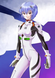 Rule 34 | 1girl, absurdres, ayanami rei, blue hair, bodysuit, breasts, closed mouth, commentary, cowboy shot, curled fingers, expressionless, eyelashes, gloves, gradient background, highres, interface headset, looking at viewer, neon genesis evangelion, pilot suit, plugsuit, purple background, red eyes, short hair, skin tight, small breasts, solo, standing, tomo115, white background, white bodysuit, white gloves