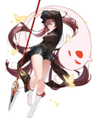 Rule 34 | 1girl, absurdres, arm up, bare legs, black headwear, black jacket, black shorts, boo tao (genshin impact), breasts, brown hair, commentary request, freeeeeeeeeee, full body, genshin impact, grin, hair between eyes, highres, holding, holding polearm, holding weapon, hu tao (genshin impact), jacket, large breasts, long hair, looking at viewer, polearm, red eyes, short shorts, shorts, simple background, smile, socks, solo, spear, thighs, twintails, very long hair, weapon, white background, white socks