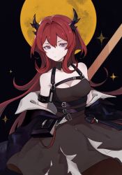 Rule 34 | 1girl, arknights, armband, bare shoulders, black background, black dress, breasts, chest strap, cleavage, commentary request, conghuaya, cowboy shot, dress, hair between eyes, hair intakes, highres, horns, long hair, looking at viewer, medium breasts, moon, off shoulder, pouch, purple eyes, red hair, solo, surtr (arknights)