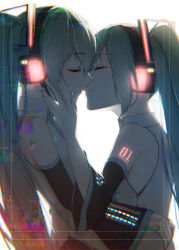 Rule 34 | 2girls, absurdres, aqua hair, backlighting, bare shoulders, black sleeves, bloom, clone, closed eyes, commentary, detached sleeves, drawing kanon, dual persona, glitch, glowing, grey shirt, hair ornament, hand on another&#039;s waist, hatsune miku, headphones, headset, highres, imminent kiss, long hair, multiple girls, narcissism, parted lips, selfcest, shirt, shoulder tattoo, sleeveless, sleeveless shirt, tattoo, twintails, upper body, very long hair, vocaloid, white background, yuri