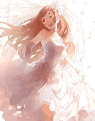 Rule 34 | 1girl, :d, alternate costume, backlighting, bare shoulders, bridal veil, bride, brown hair, clothes lift, doll joints, dress, dress lift, elbow gloves, gloves, heterochromia, joints, long hair, nine (liuyuhao1992), open mouth, petals, revision, rozen maiden, smile, solo, strapless, strapless dress, suiseiseki, veil, very long hair, wedding dress, white dress, wind
