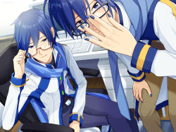 Rule 34 | 2boys, adjusting eyewear, belt, bespectacled, blue eyes, blue hair, blue nails, blue pants, blue scarf, brown pants, cabinet, chair, coat, commentary, computer, desk, dual persona, glasses, hand on own knee, indoors, kaito (vocaloid), kaito (vocaloid3), keyboard (computer), leaning forward, looking at viewer, male focus, mouse (computer), mousepad (object), multiple boys, nail polish, nokuhashi, office chair, pants, parted lips, red-tinted eyewear, scarf, semi-rimless eyewear, sitting, smile, standing, swivel chair, tinted eyewear, vocaloid, white coat, wooden floor