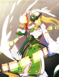 Rule 34 | alternate color, arc system works, blazblue, blazblue: continuum shift, blonde hair, cape, gloves, green eyes, hat, long hair, pants, player 2, serious, shiki (shikki46), solo, sword, tsubaki yayoi, weapon, wings