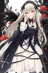 Rule 34 | 1girl, black dress, black hairband, black wings, closed mouth, commentary request, cross-laced clothes, detached collar, dress, feet out of frame, flower, grey hair, hairband, highres, kiri celea, lolita hairband, long hair, long sleeves, looking at viewer, red eyes, red flower, rozen maiden, solo, suigintou, white dress, wings