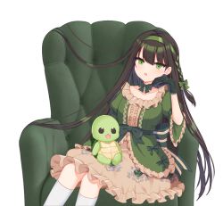 Rule 34 | 1girl, bad id, bad pixiv id, black dress, black hair, braid, brown skirt, collarbone, commentary request, commission, dress, feet out of frame, frilled dress, frilled skirt, frills, gloves, green eyes, green gloves, green hair, green hairband, hair between eyes, hairband, hand up, highres, kneehighs, long hair, looking at viewer, mamel 27, multicolored hair, original, parted lips, puffy short sleeves, puffy sleeves, short sleeves, simple background, skirt, socks, solo, streaked hair, transparent background, very long hair, white background, white socks, wide sleeves