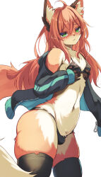 Rule 34 | 1boy, ahoge, an choby, animal ear fluff, animal ears, animal nose, bikini, black bikini, black thighhighs, blush, bulge, cowboy shot, fox boy, fox ears, fox tail, furry, furry male, green eyes, hands on own chest, jacket, long hair, looking at viewer, male focus, orange hair, original, simple background, skindentation, swimsuit, tail, thighhighs, trap