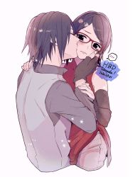 Rule 34 | ..., 1boy, 1girl, 2020, black gloves, black hair, black sleeves, boruto: naruto next generations, character name, closed mouth, cropped legs, cropped torso, dated, detached sleeves, father and daughter, fingerless gloves, glasses, gloves, grey shirt, grey vest, highres, kissing cheek, long sleeves, naruto (series), parted bangs, red-framed eyewear, red tunic, shirt, short hair, simple background, speech bubble, spoken ellipsis, suzu (tg 390), uchiha sarada, uchiha sasuke, vest, white background