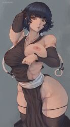 Rule 34 | 1girl, absurdres, alternate breast size, black hair, bleach, breasts, curvy, grey eyes, highres, kuromoro, large breasts, nipples, one breast out, short hair, solo, sui-feng, tagme, wide hips