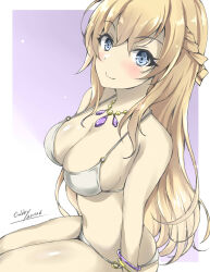Rule 34 | 1girl, artist name, bikini, blonde hair, blue eyes, braid, breasts, cleavage, cowboy shot, dated, french braid, gakky, highres, jewelry, kantai collection, large breasts, long hair, looking at viewer, necklace, one-hour drawing challenge, sitting, smile, solo, swimsuit, warspite (kancolle), white bikini